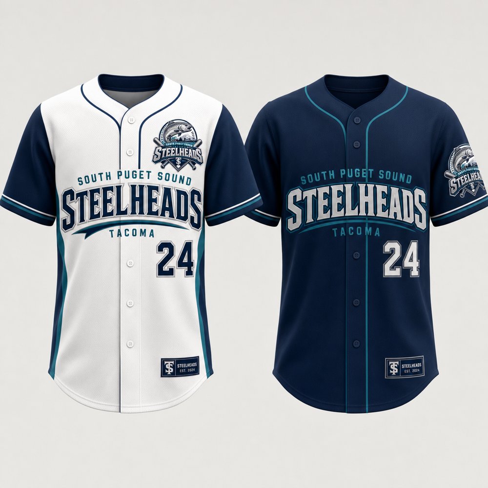Tacoma Steelheads home and away jersey designs in navy, white, and Pacific teal
